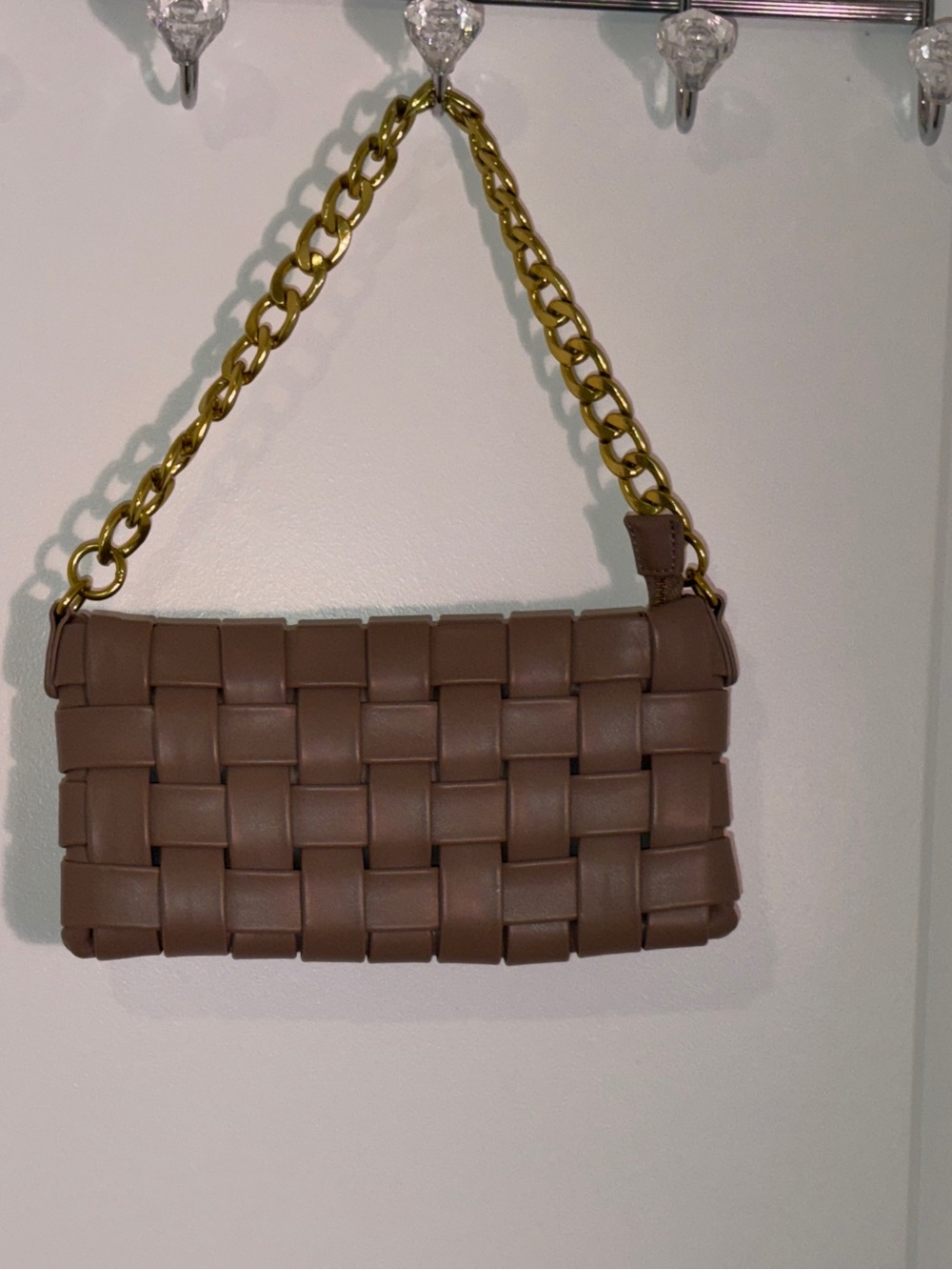 Madison West Woven Leather Shoulder Bag with Gold Chain Strap - Brown